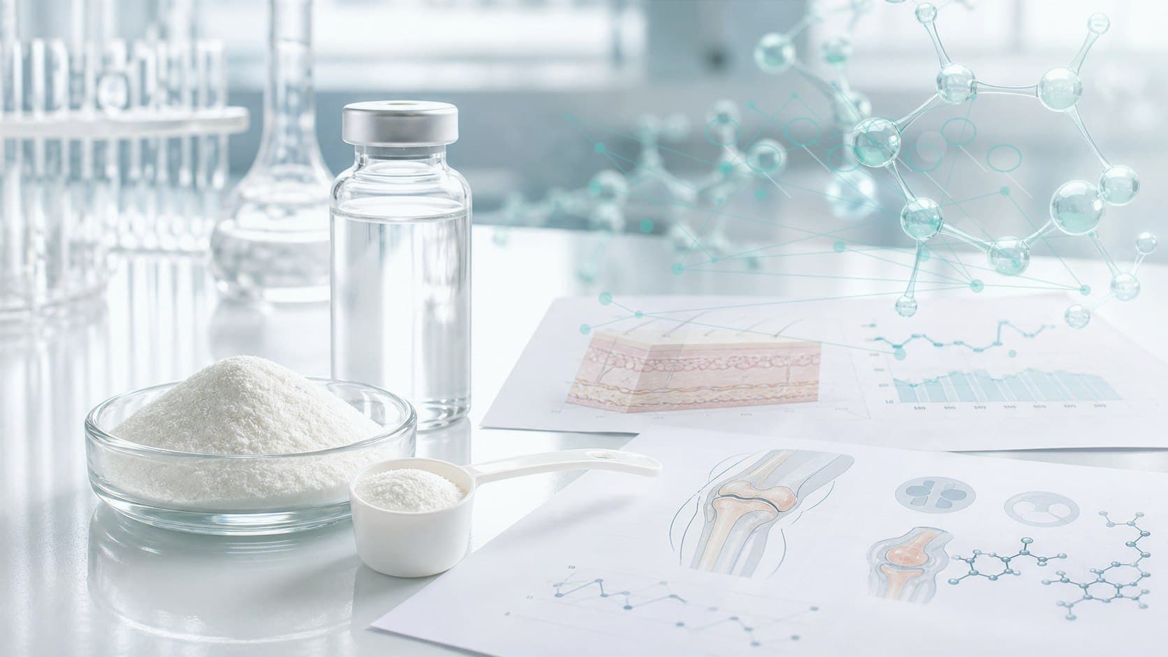 Clinical lab bench with unlabeled vial, bone-density chart and subtle bone microarchitecture overlay