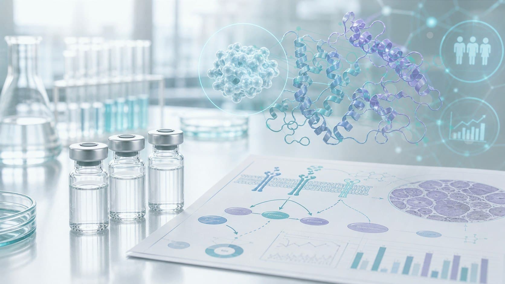 Clinical lab bench with unlabeled vial, muscle research chart and subtle myostatin pathway overlay