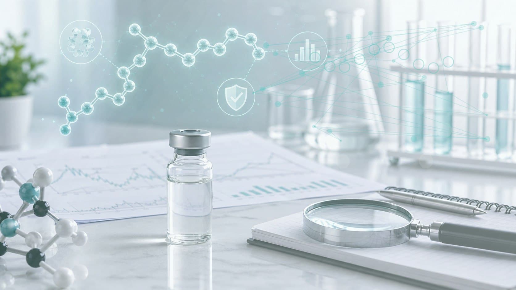 Clinical lab bench with unlabeled vial, metabolic chart paper and subtle adipose pathway overlay