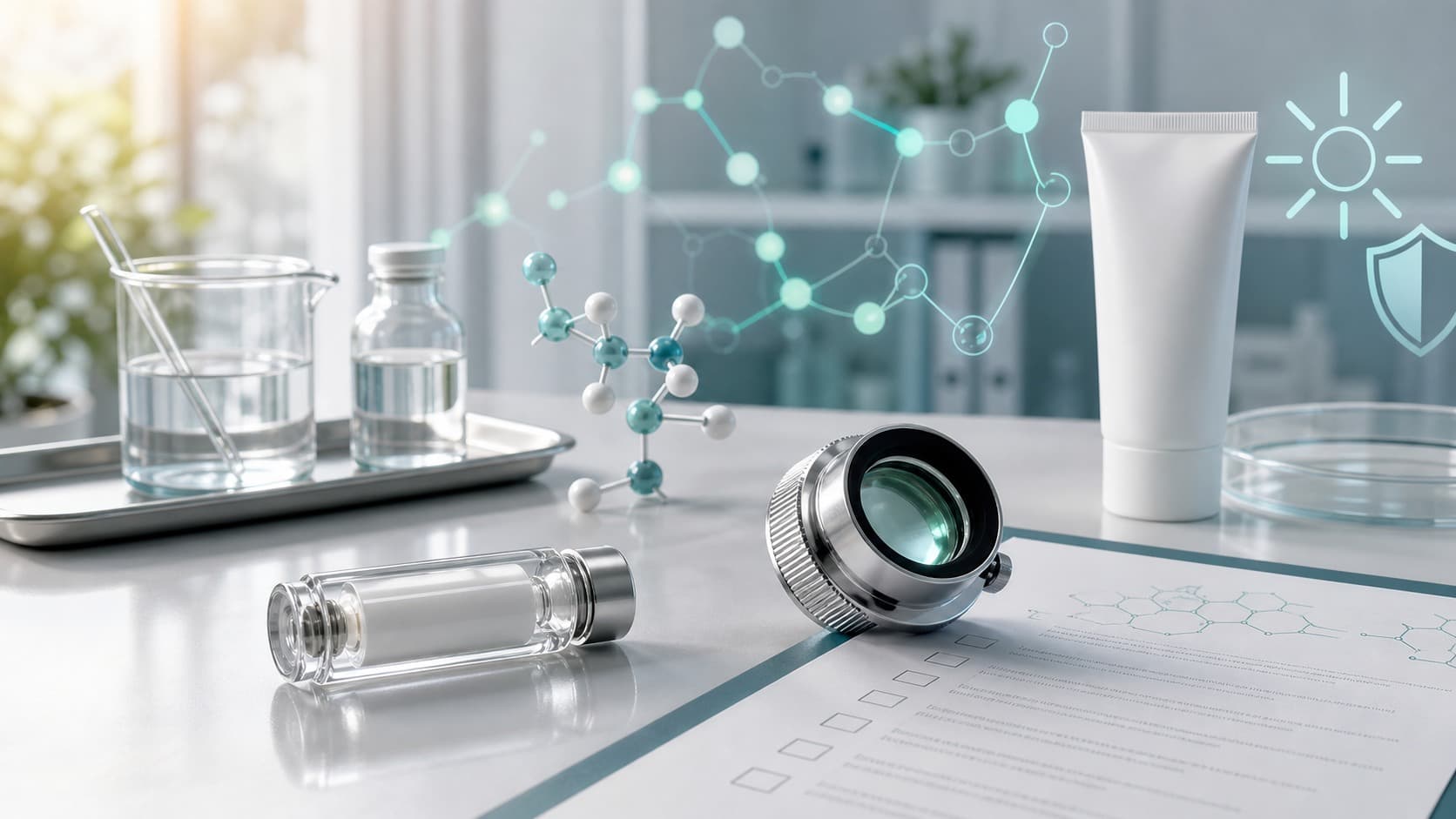 Dermatology evidence desk with unlabeled implant vial, skin-safety chart, dermoscopy lens and subtle melanocortin pathway overlay