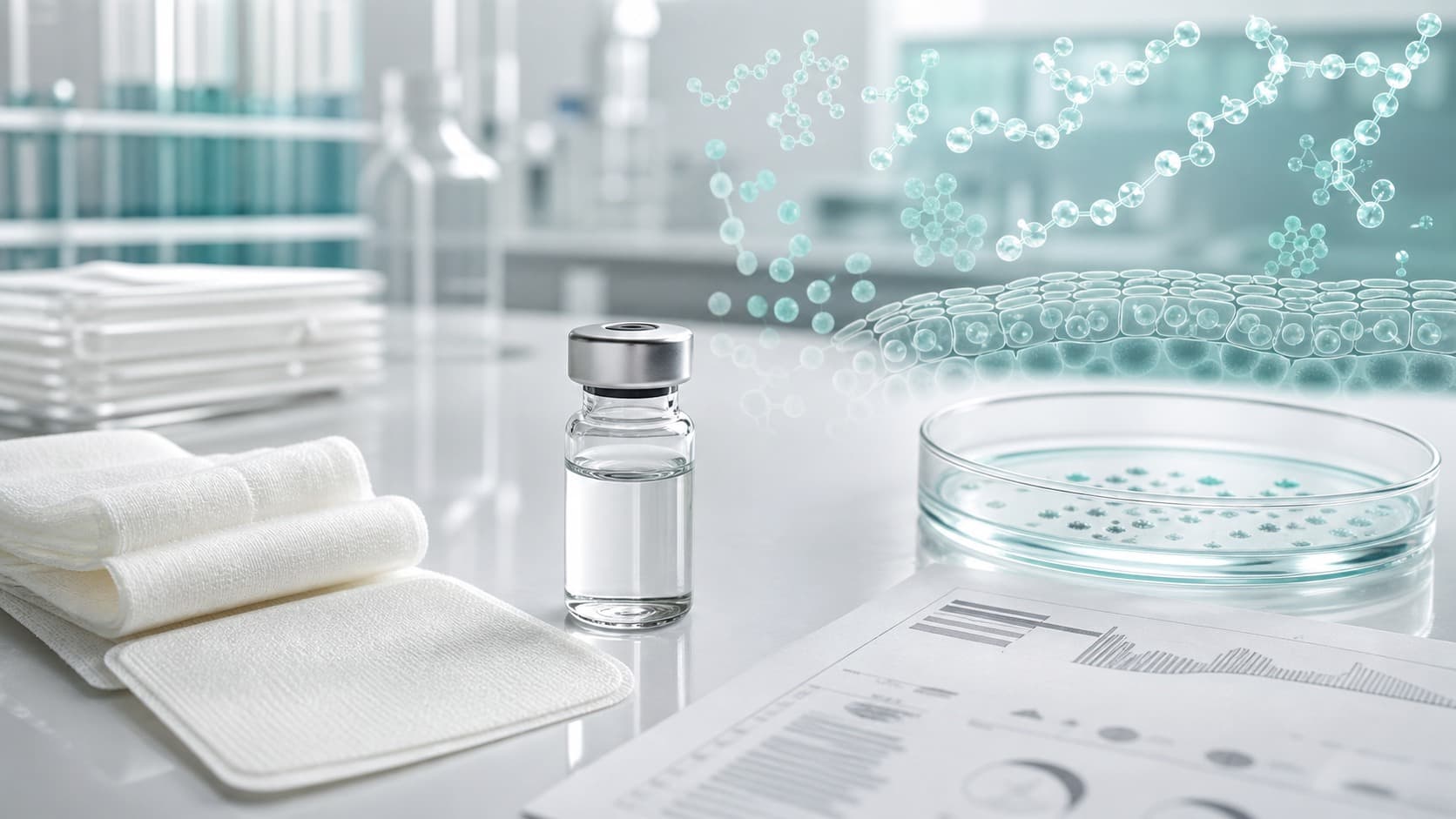 Clinical microbiology bench with petri dish, unlabeled vials, sterile gauze and subtle peptide membrane overlays