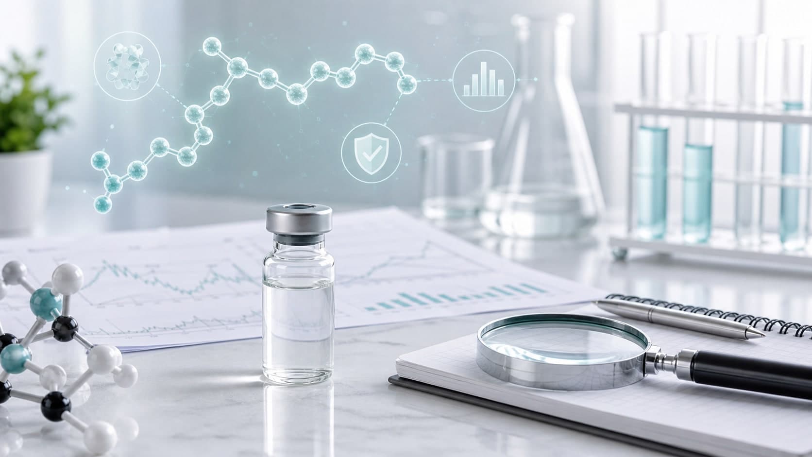 Clinical evidence review desk with unlabeled peptide vial, molecular model, magnifier and soft teal peptide-chain overlays