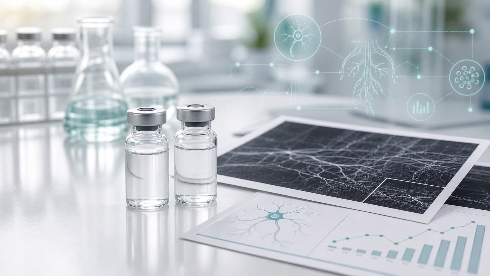 Clinical research desk with unlabeled vials, nerve-fiber imaging paper and teal small-nerve research overlays