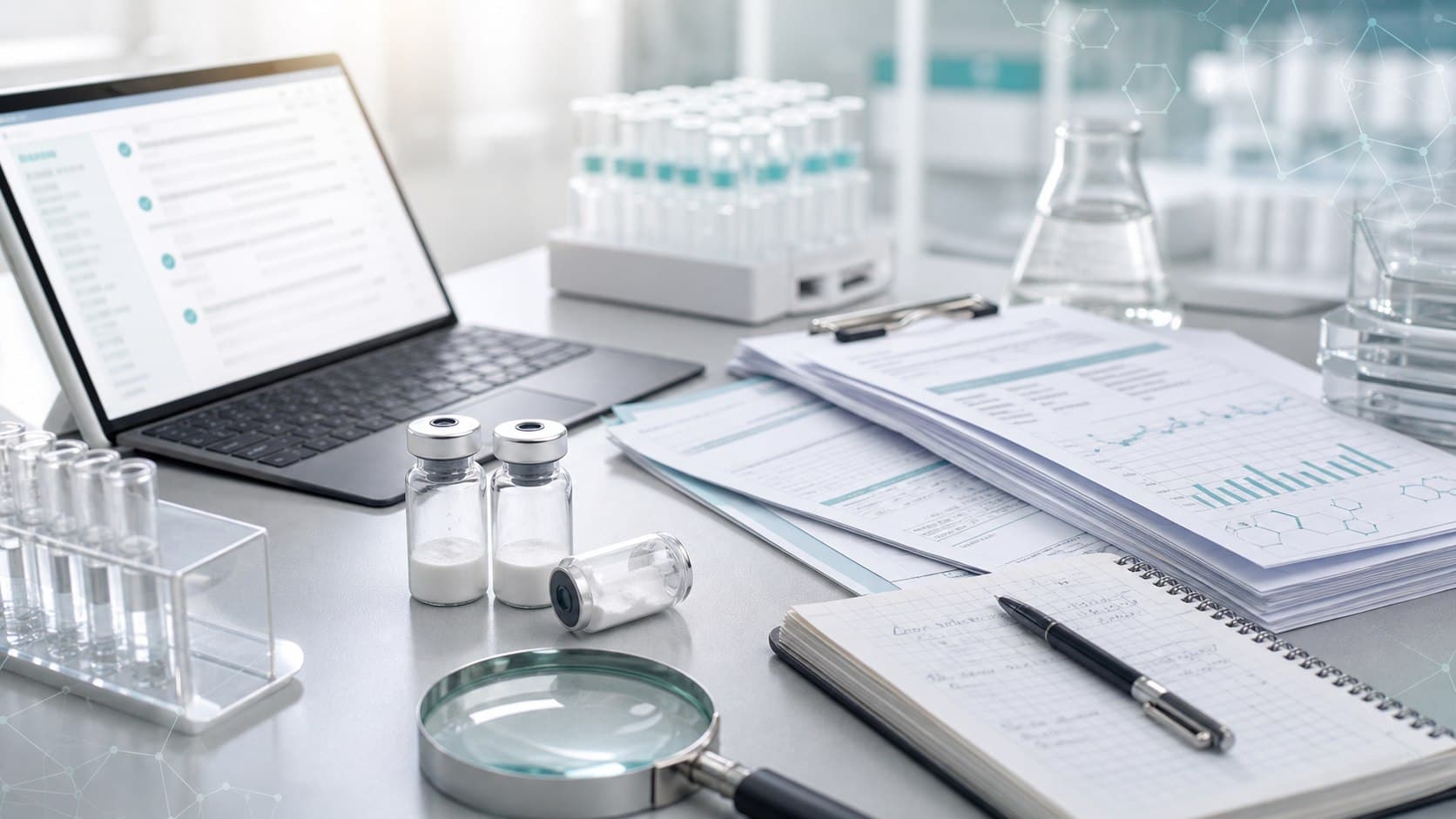 Clinical research desk with peptide vials, COA paperwork, laptop audit checklist, and cool-toned lab lighting