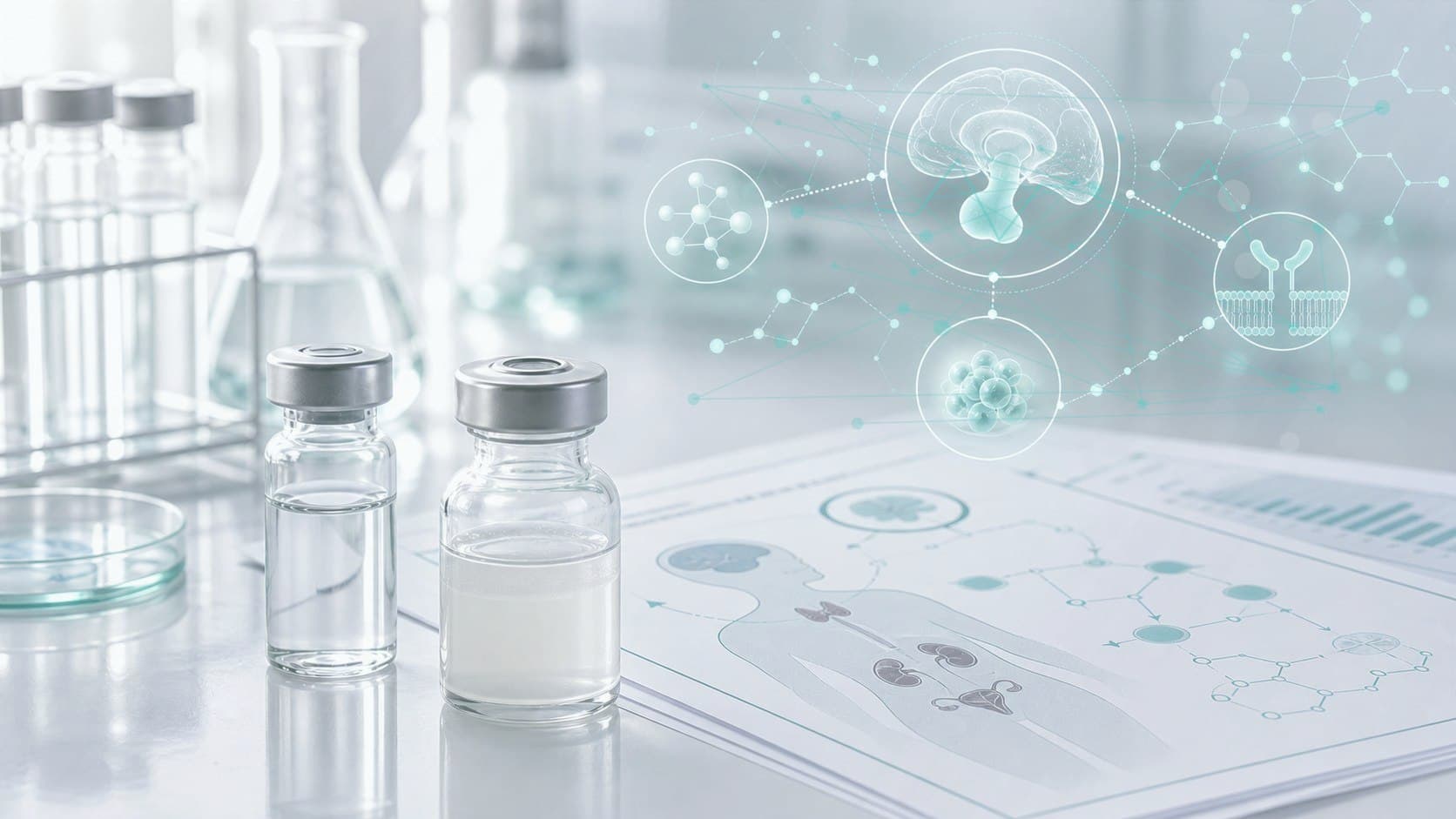 Clinical lab bench with unlabeled vial, coagulation chart and subtle vascular pathway overlay