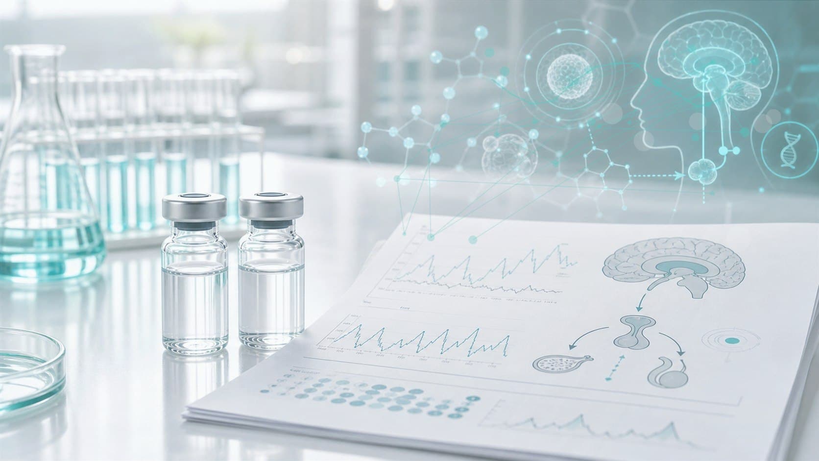 Clinical lab bench with unlabeled vial, endocrine chart and subtle hormone axis overlay