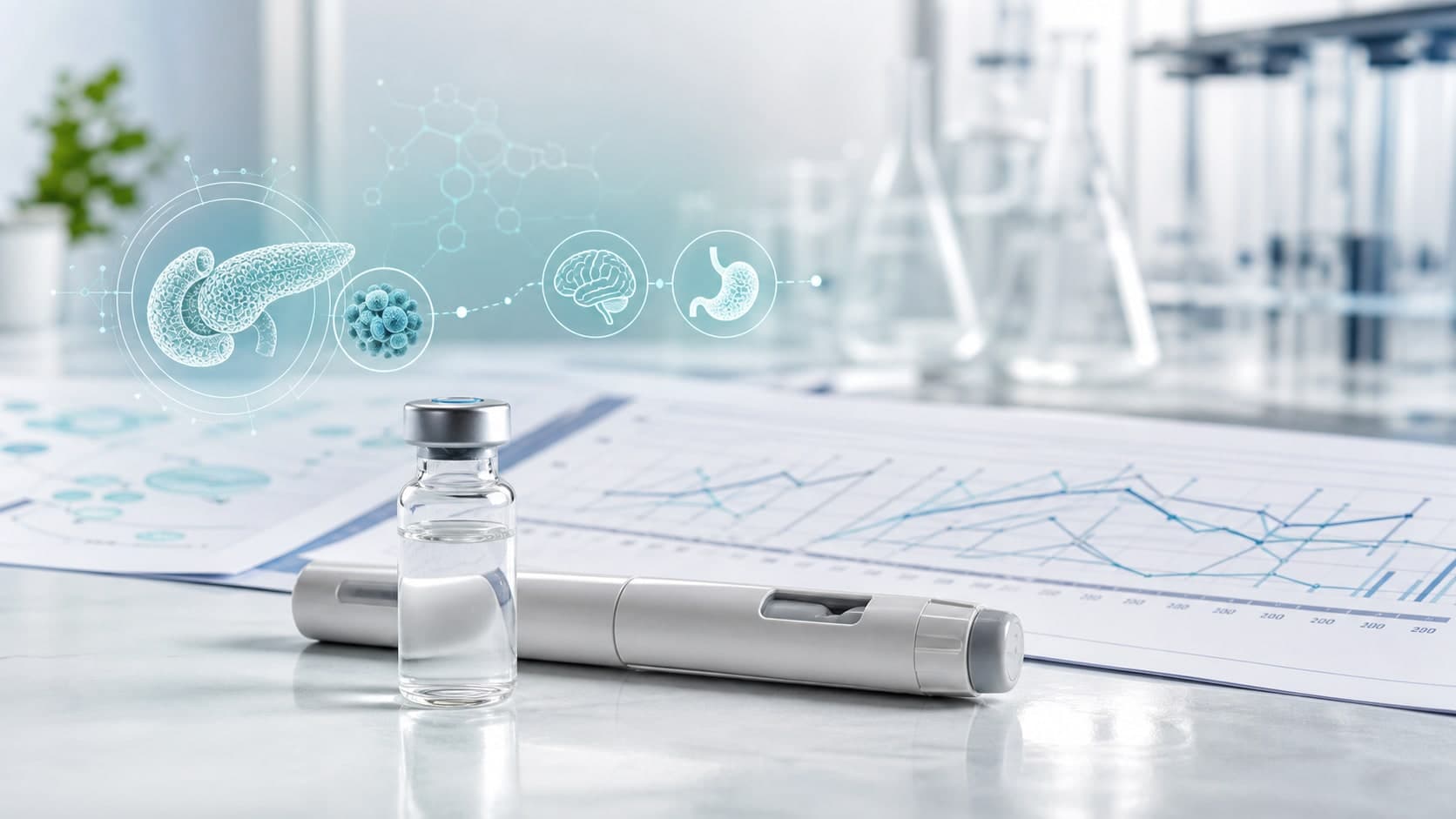 Clinical research desk with unlabeled vial, pen-like injector, chart sheets and amylin pathway overlays