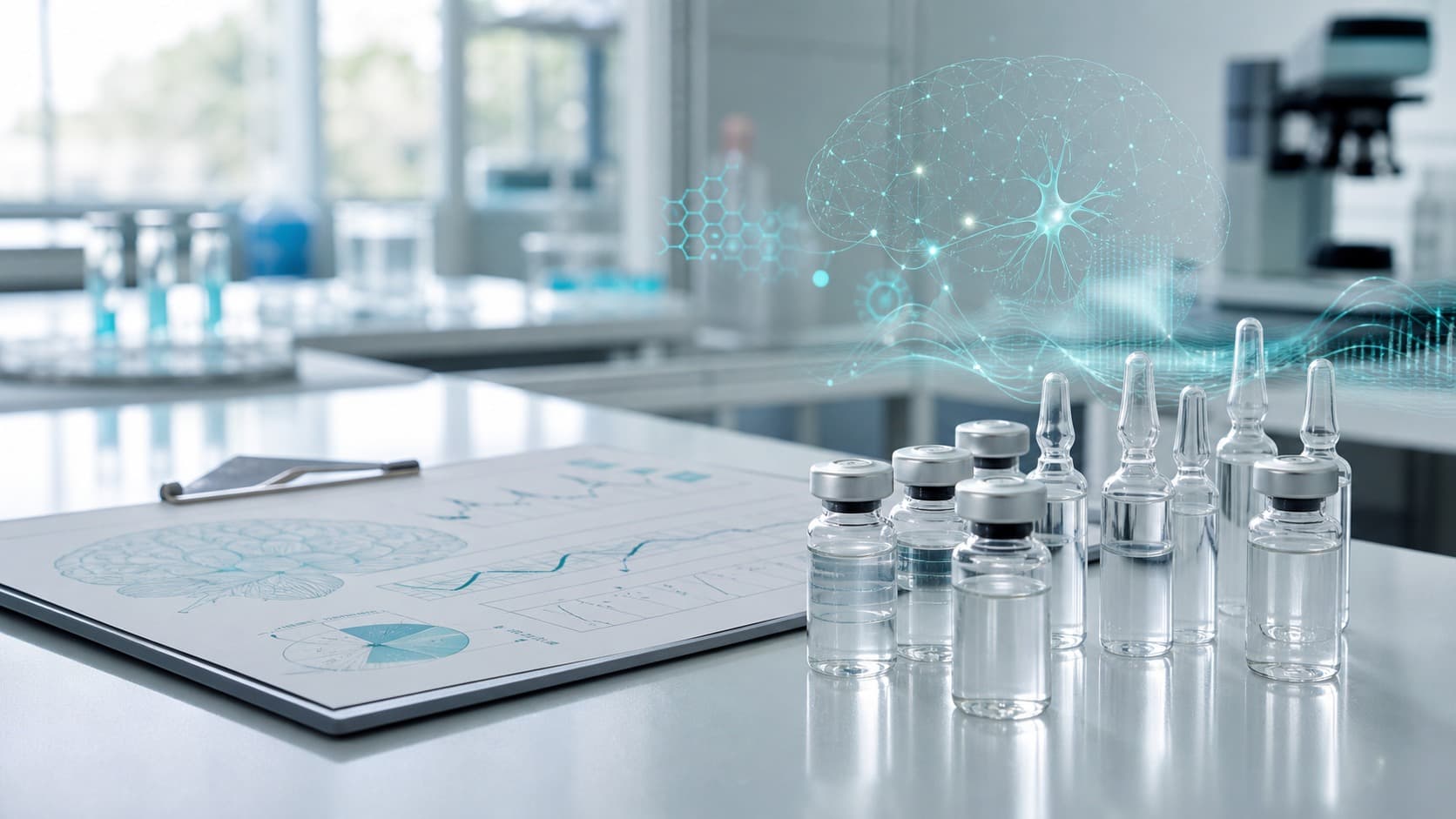 Clinical neuroscience research desk with unlabeled ampoules, brain chart paper and subtle teal neurorecovery overlays