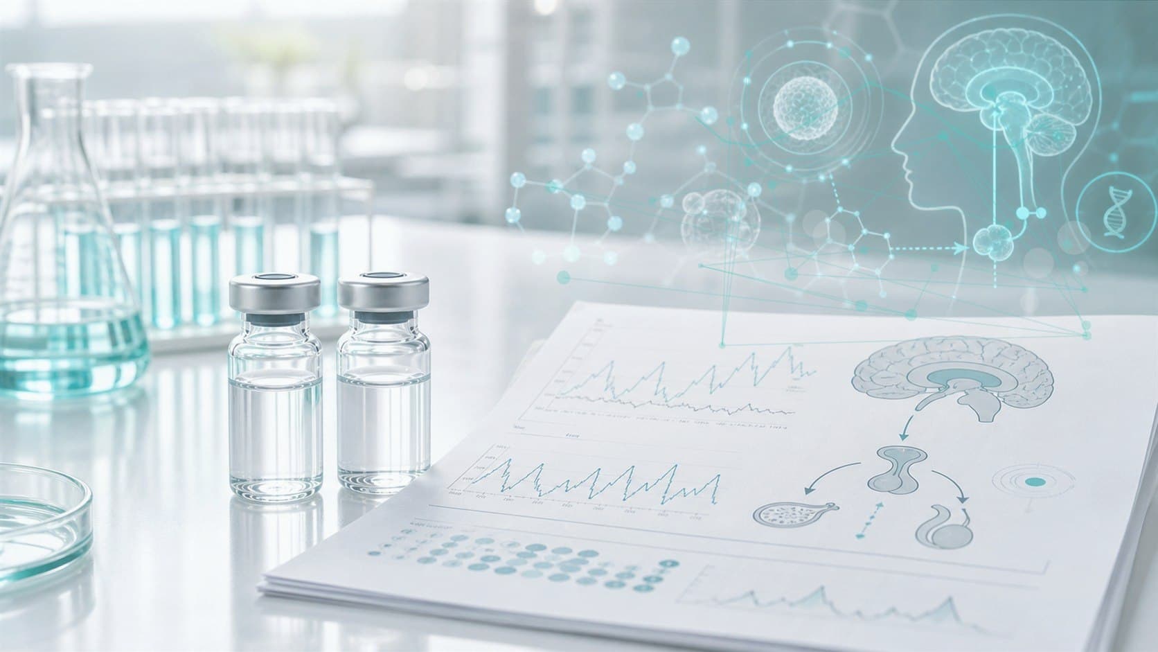 Clinical lab bench with unlabeled vial, endocrine chart and subtle hormone axis overlay