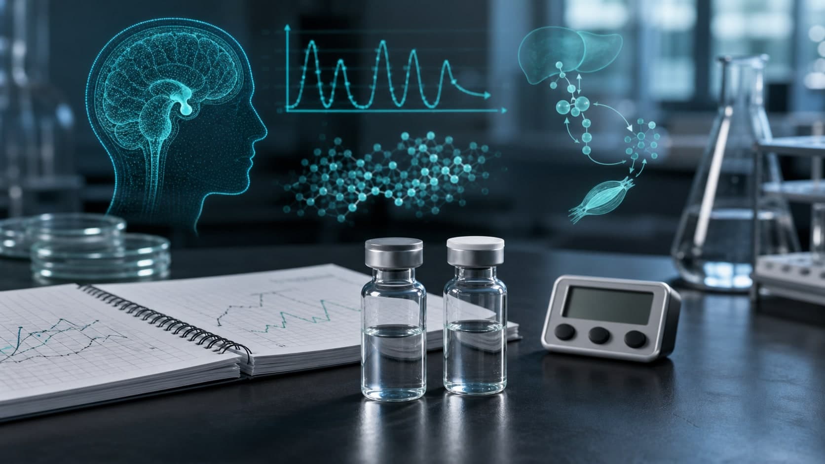 Clinical lab desk with two unlabeled vials, graph notebook, timer and GH-axis research overlays