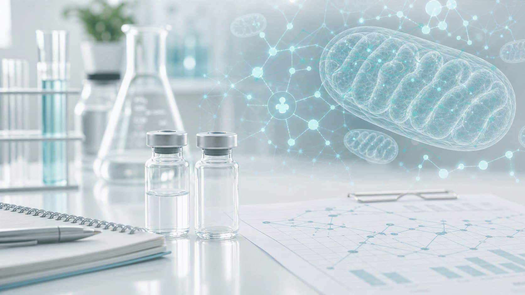 Clinical lab bench with unlabeled vial, mitochondrial schematic and subtle teal peptide network overlay