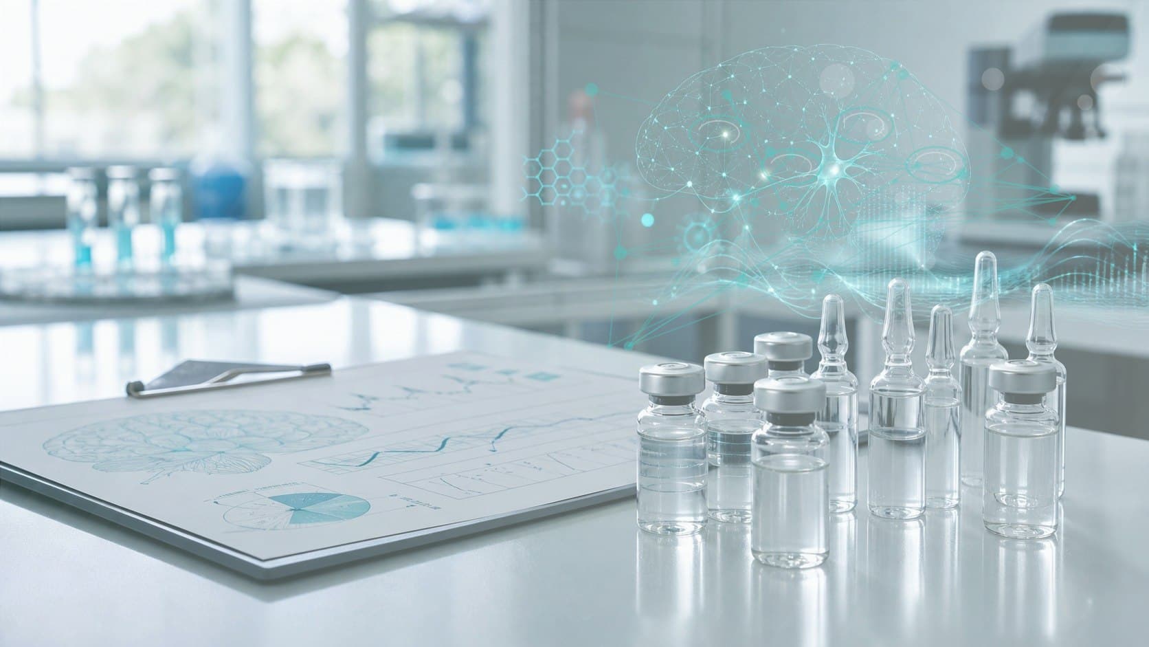 Clinical lab bench with unlabeled vial, neural research chart and subtle synapse network overlay