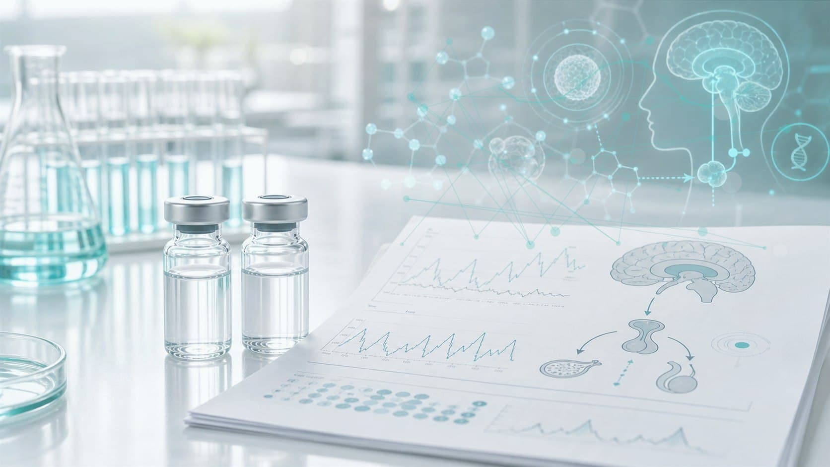 Clinical lab bench with unlabeled vial, endocrine chart and subtle hormone axis overlay