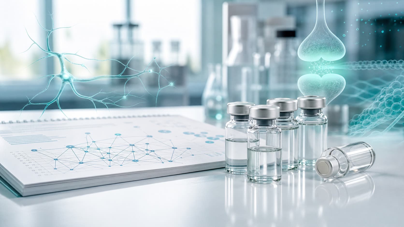 Clinical research desk with unlabeled vials, neural network chart paper and subtle teal HGF signaling overlays