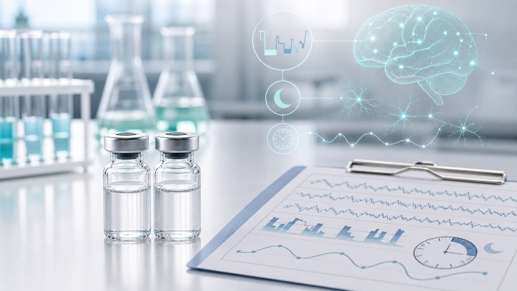 Clinical lab desk with unlabeled vials, sleep-stage chart paper and subtle teal brain signaling overlays