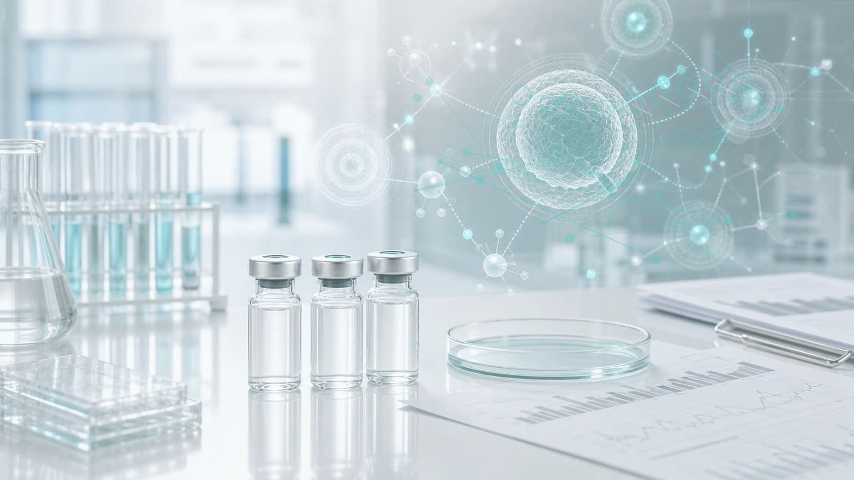 Clinical lab bench with unlabeled vial, antiviral research sheet and subtle membrane fusion overlay