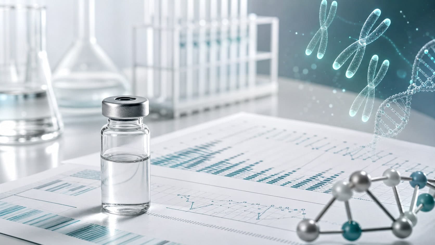 Clinical longevity research desk with unlabeled vial, telomere chart paper and subtle DNA end-cap overlay