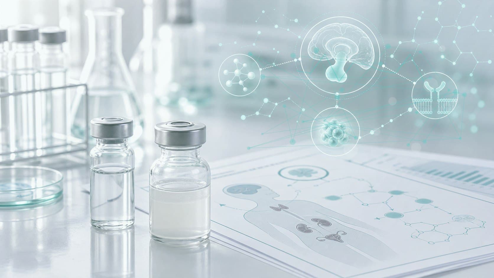 Clinical lab bench with unlabeled vial, platelet aggregation chart and subtle vascular overlay