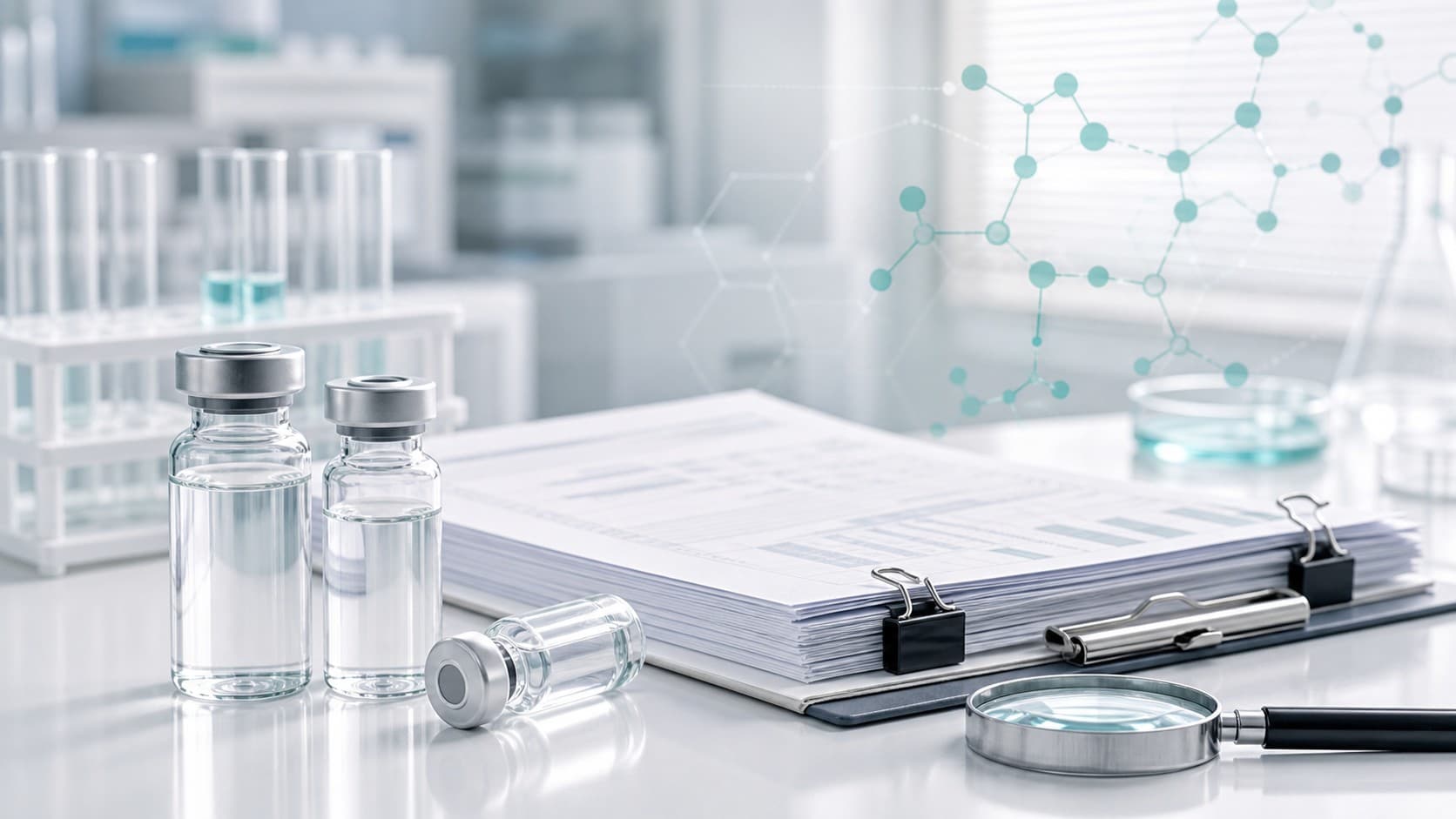Unlabeled peptide vials beside regulatory review documents on a clean clinical lab bench