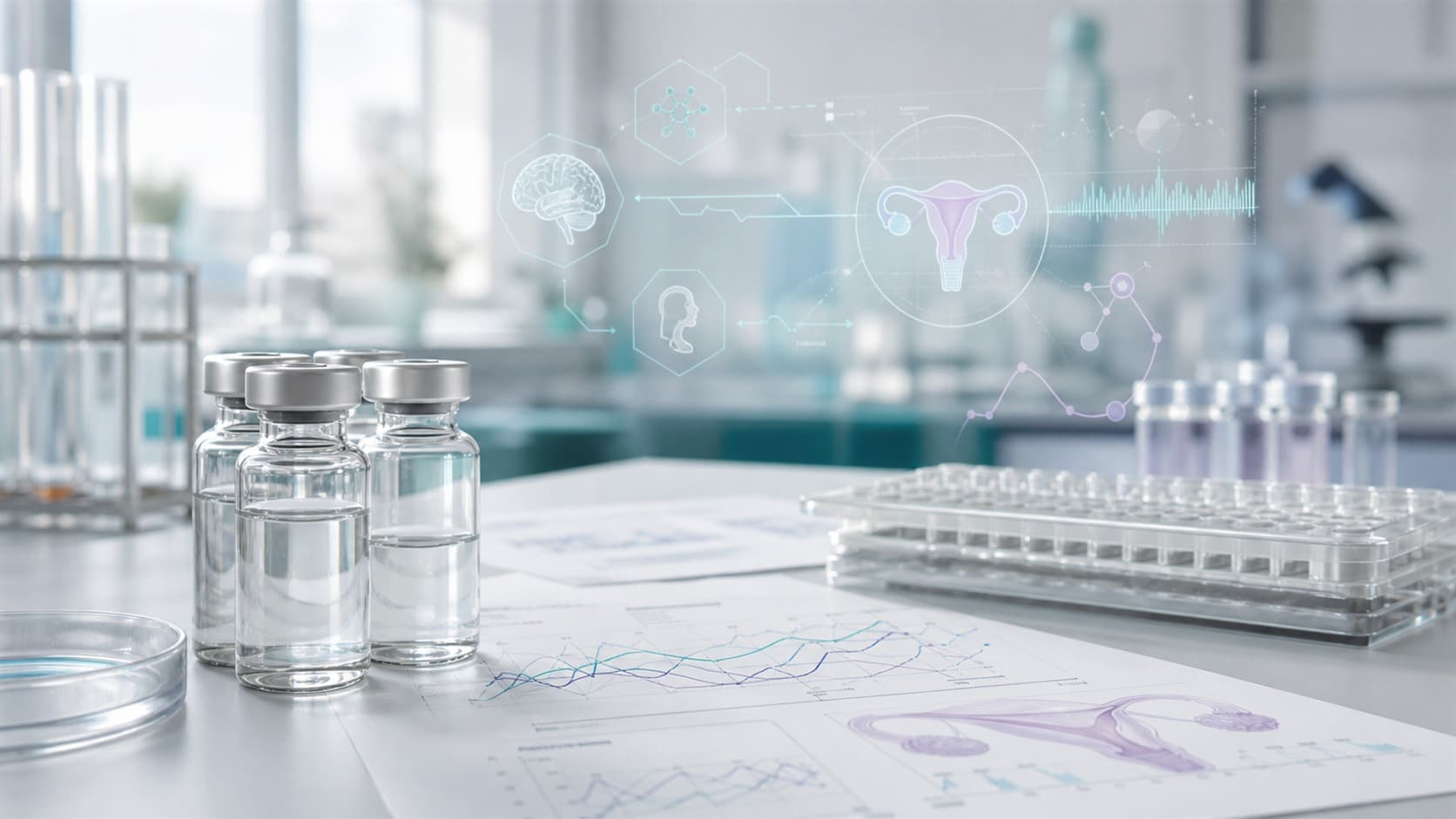 Bright reproductive endocrinology research bench with unlabeled vials, hormone chart sheets and subtle teal GnRH pathway overlays