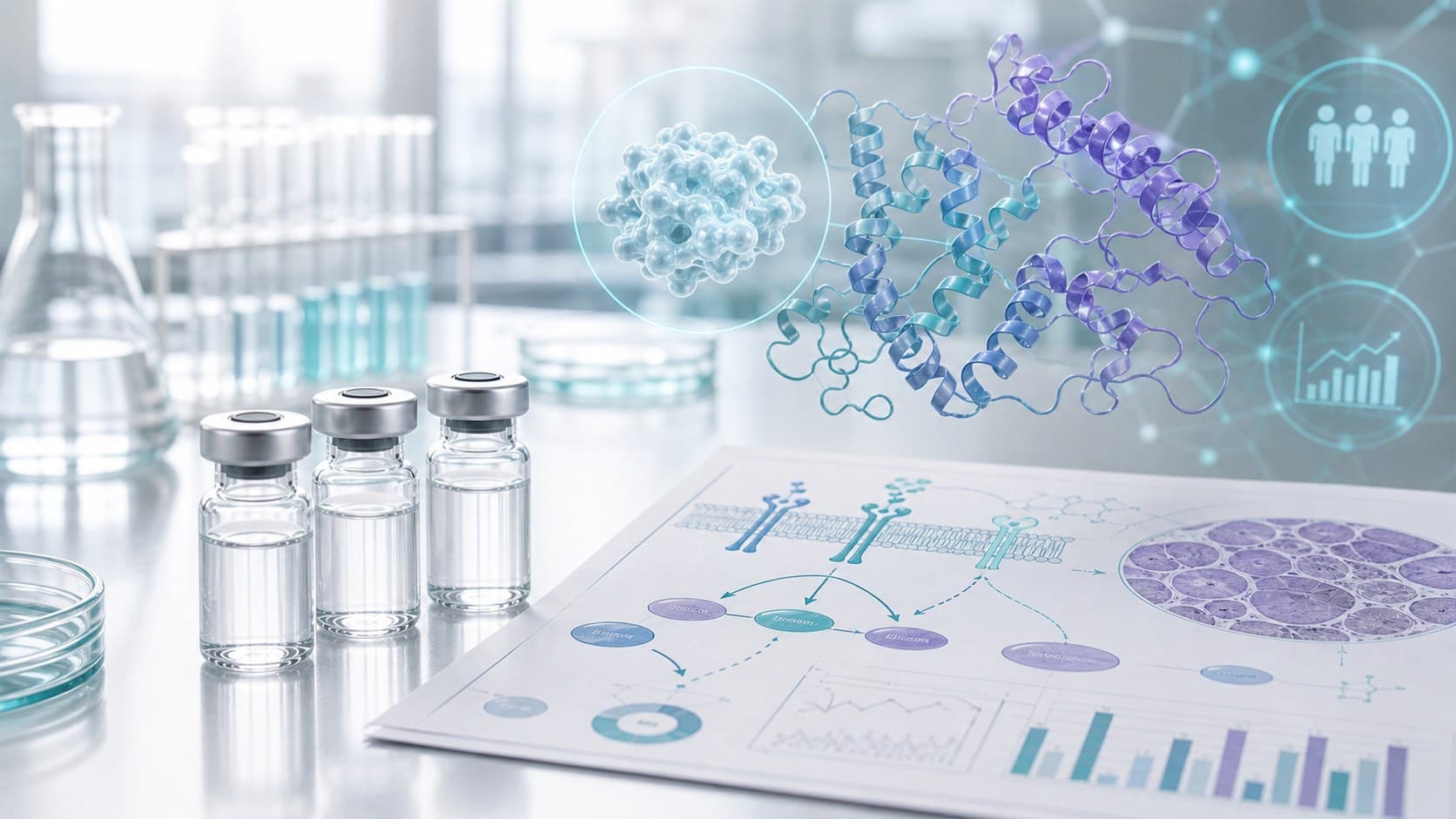 Clinical research bench with unlabeled vials, protein signaling overlay, muscle tissue chart and trial evidence graphics