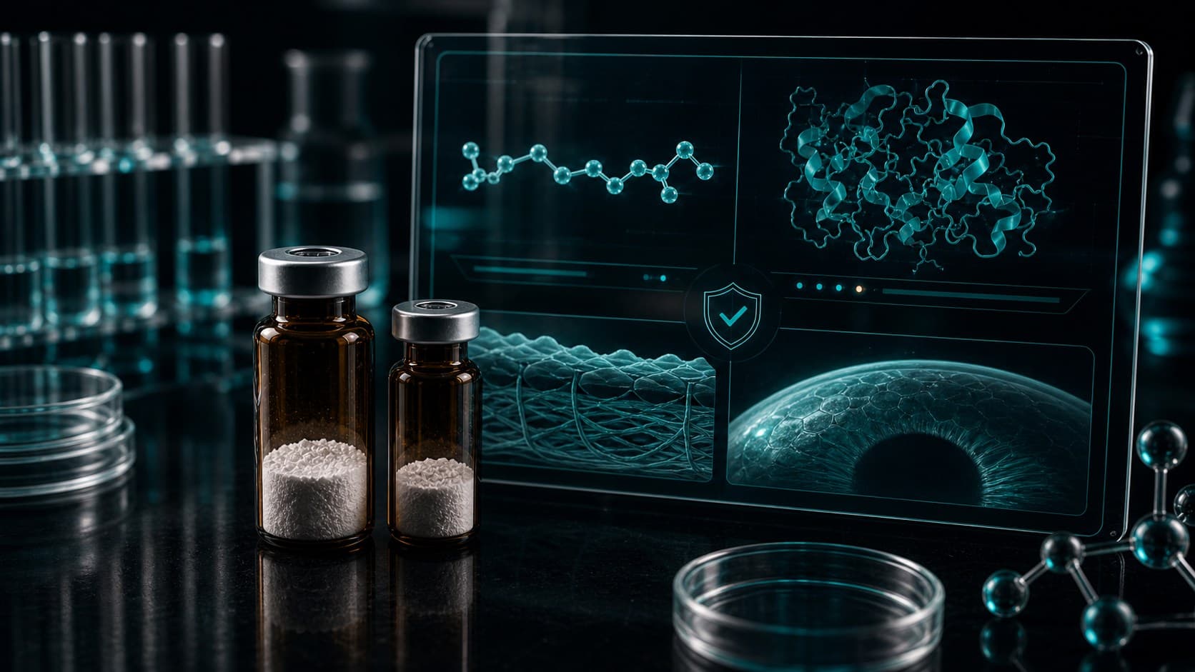Clinical peptide research bench with unlabeled amber vials, molecular display, cell-culture imaging and subtle teal overlays
