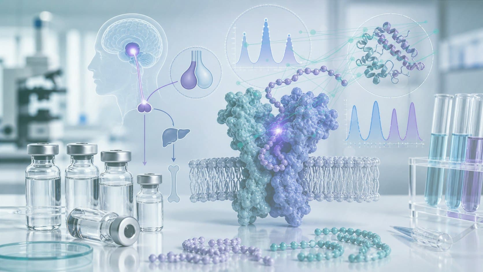 Clinical lab bench with unlabeled vial, growth hormone chart and subtle pituitary signaling overlay