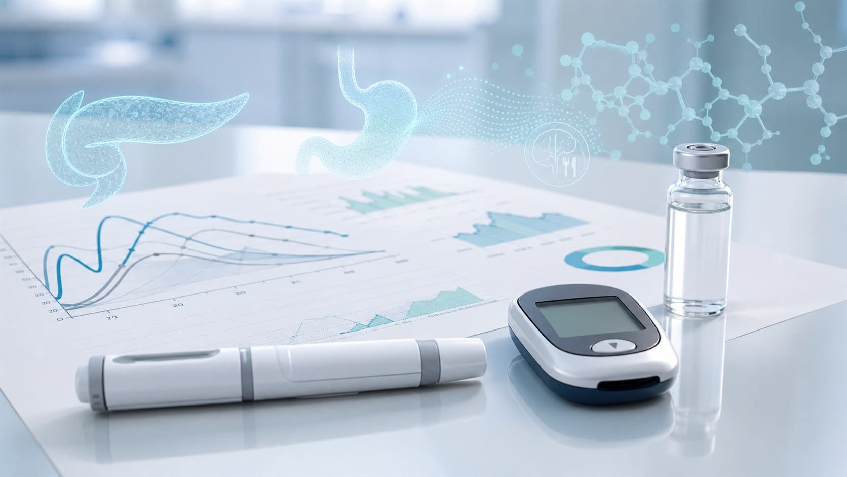 Clinical tabletop with GLP-1 pen, vial, glucose meter, chart paper and digestive-system research overlays