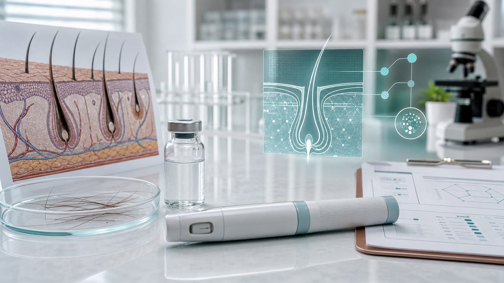 Clinical hair-loss research desk with peptide vial, scalp diagram, nutrition notes and subtle GLP-1 overlay