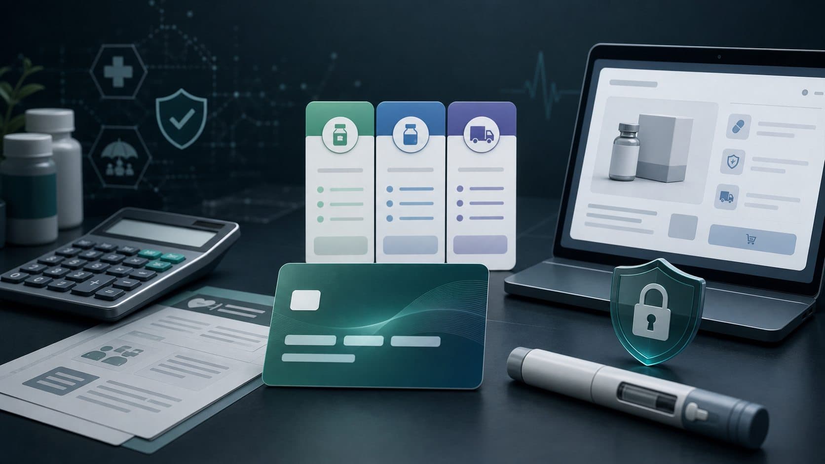 Medical access and pricing workspace with prescription card, calculator, secure pharmacy screen, and injection pen