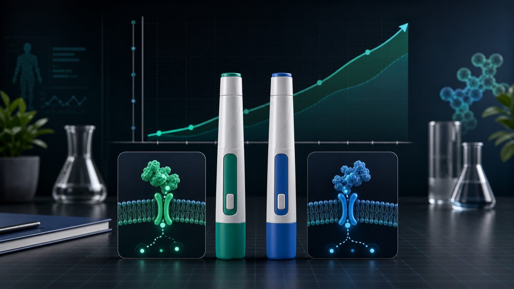 Abstract comparison of two GLP-1 injection pens, receptor cards, and a weight-loss trend chart