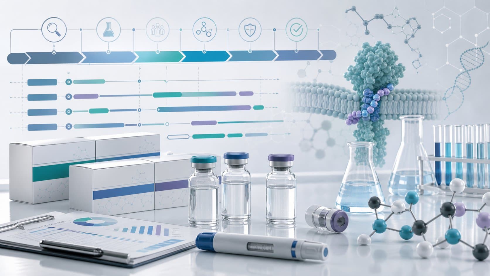 GLP-1 pipeline research cover with clinical trial visuals and medicine development context