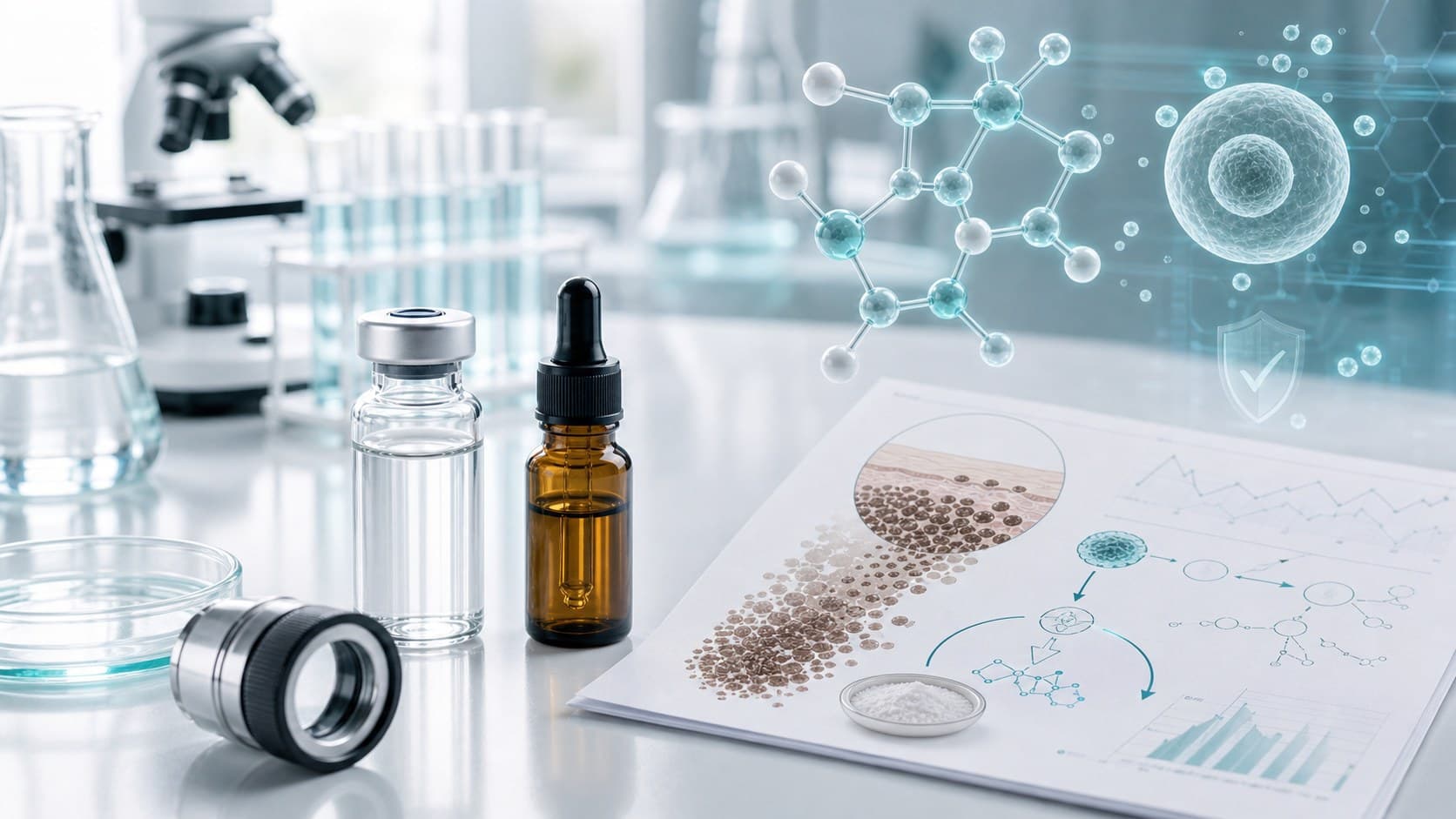 Dermatology research bench with unlabeled vial, amber dropper, dermoscopy lens, antioxidant molecule overlay and melanin chart