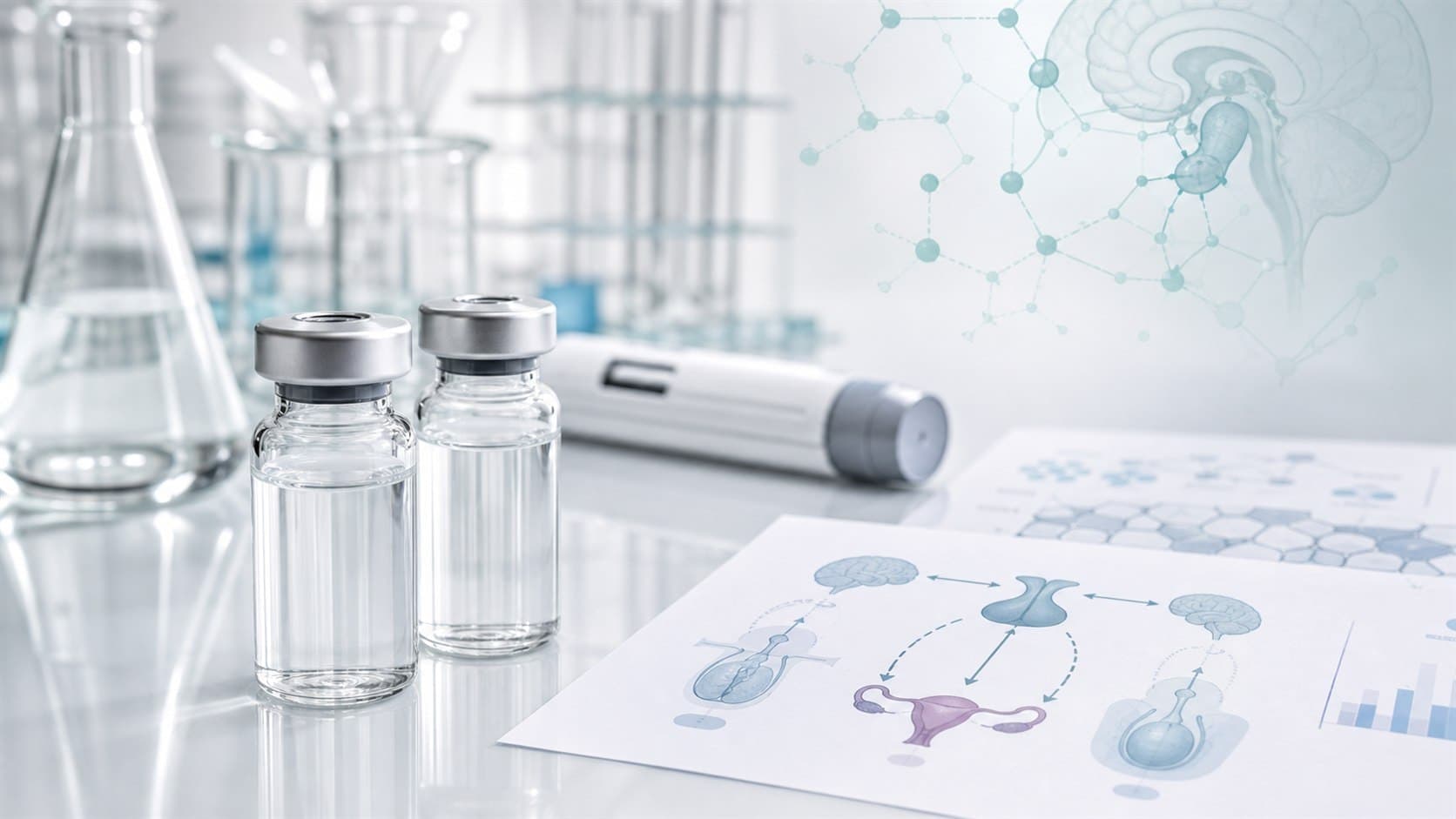 Clinical lab bench with unlabeled vials, reproductive hormone chart sheets and subtle GnRH pathway overlays