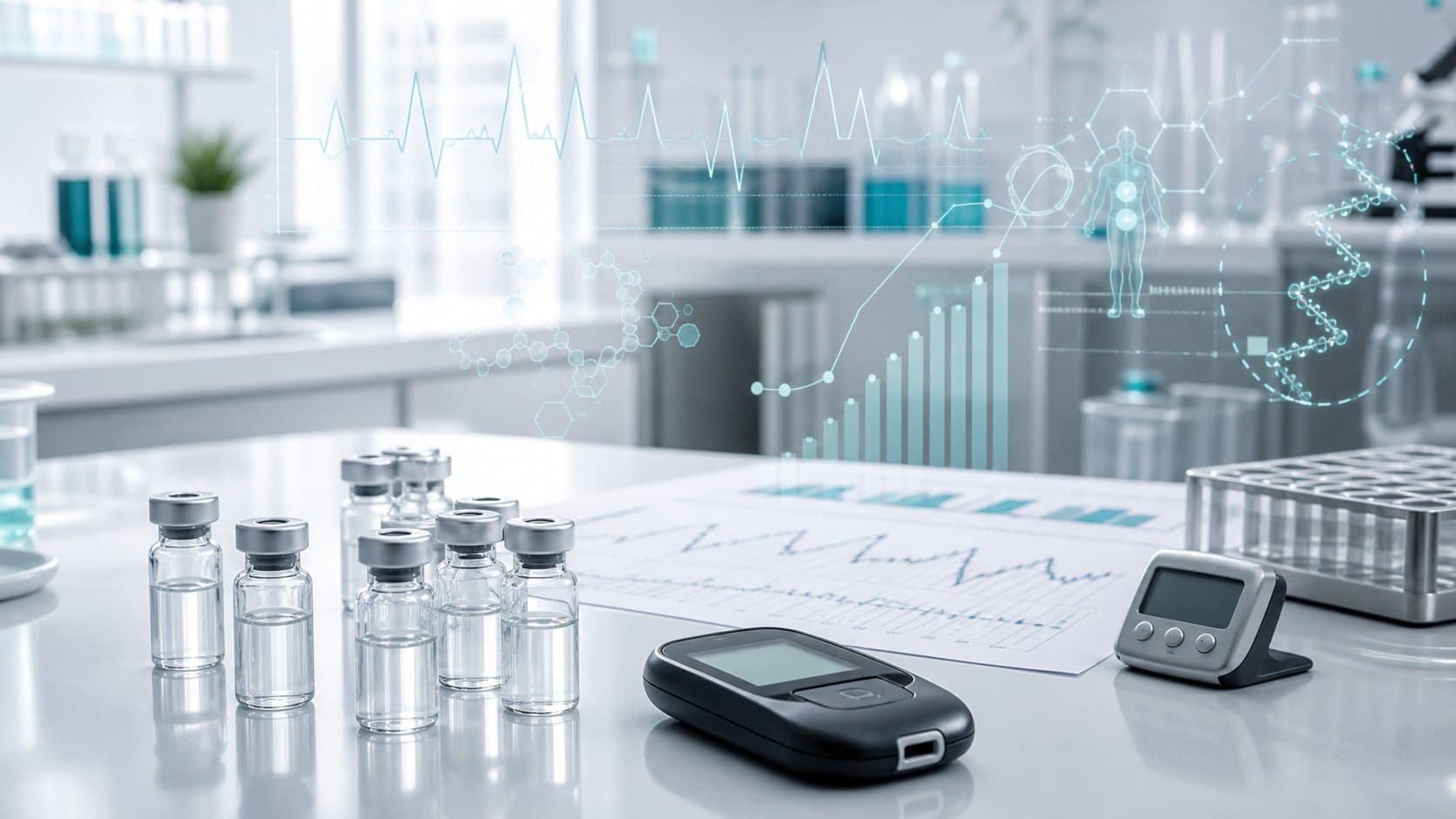 Clinical lab bench with peptide vials, endocrine chart paper, glucose meter and subtle GH-axis research overlays