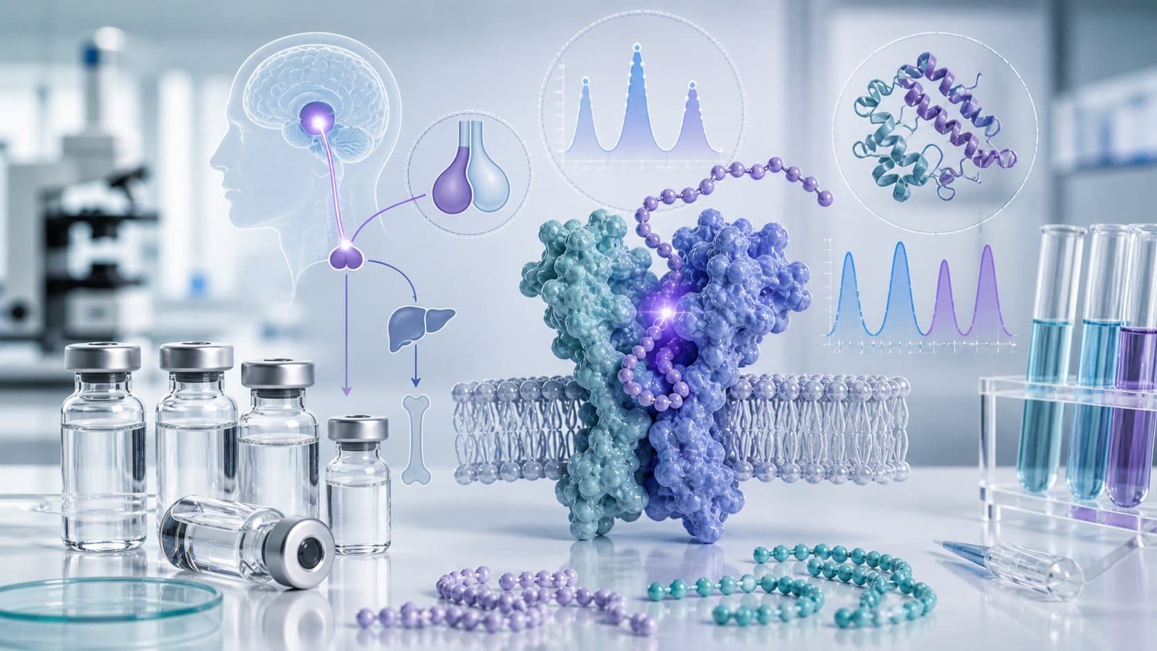 Growth hormone peptide research illustration with molecular and endocrine visuals