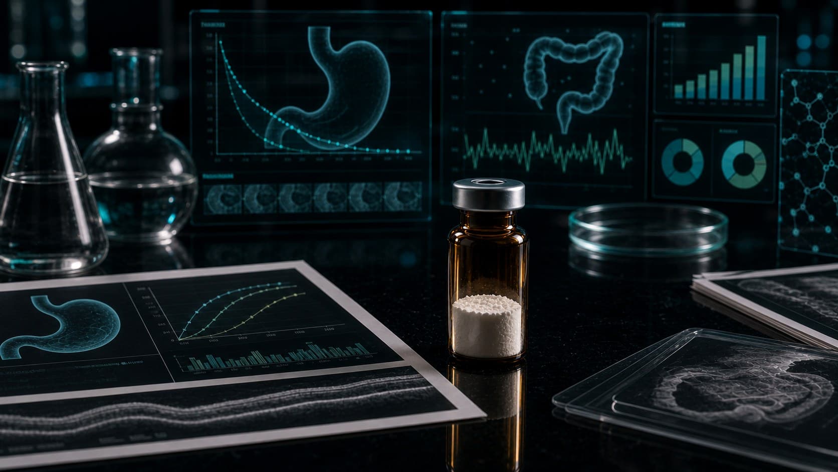 Bright gastroenterology peptide research bench with capsules, vials, intestinal model overlay and chart paper