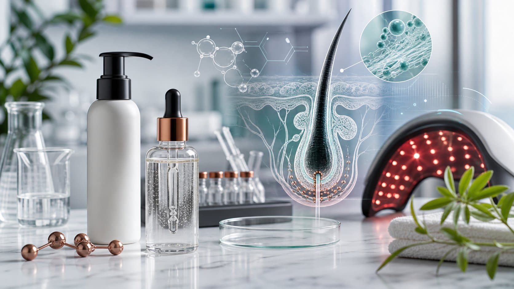 Hair peptide research cover with follicle and scalp-care science visuals