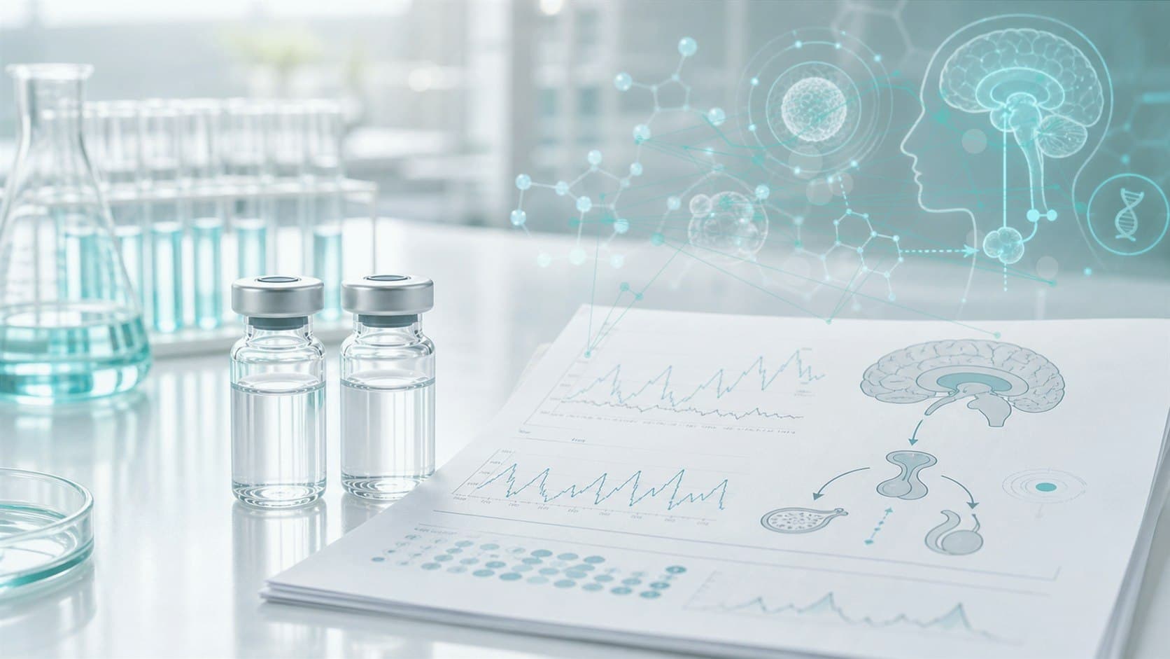 Clinical lab bench with unlabeled vial, endocrine chart and subtle hormone axis overlay