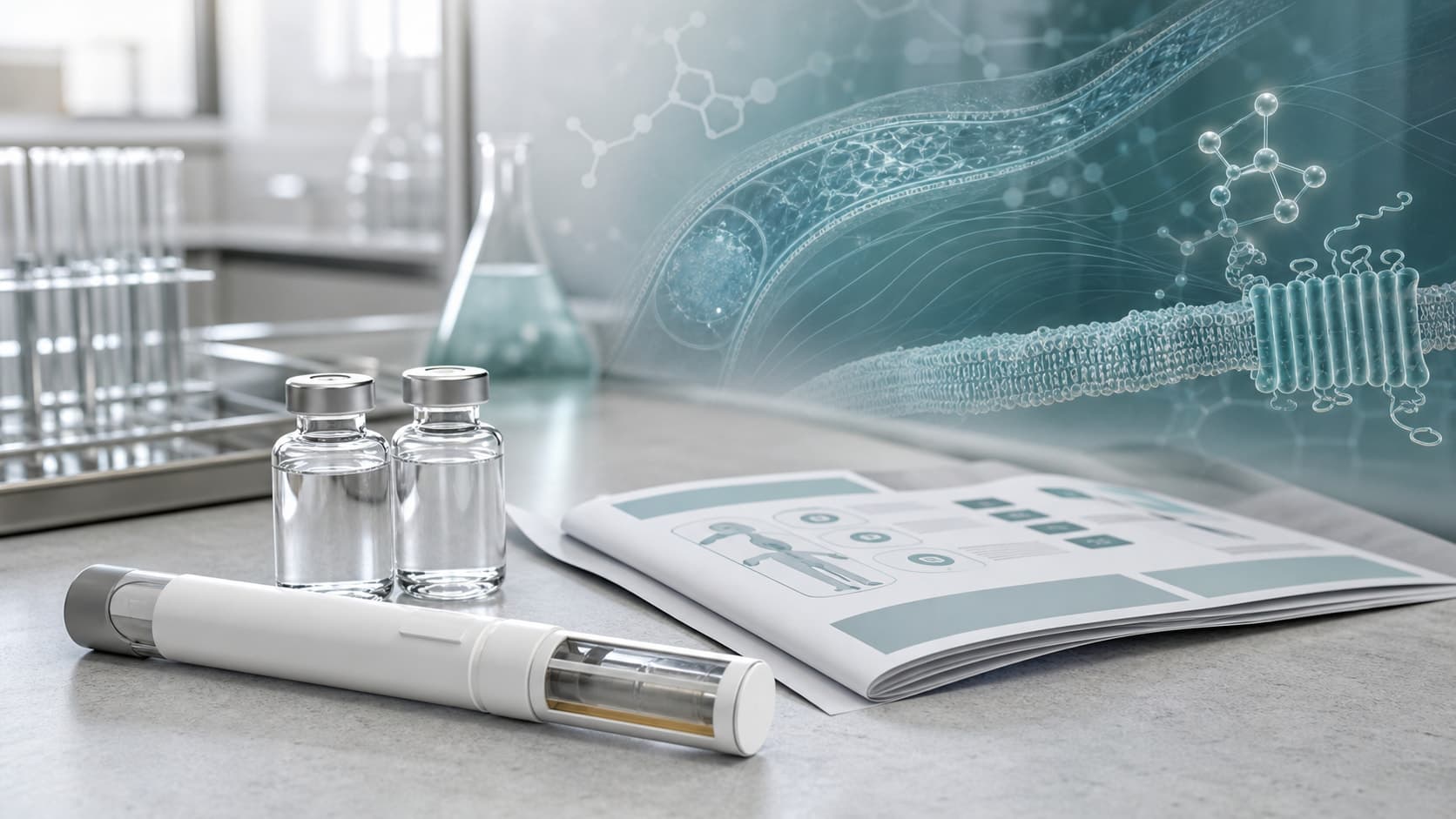 Clinical bench with unlabeled prefilled device, vials, action-plan sheets and a subtle vascular receptor overlay