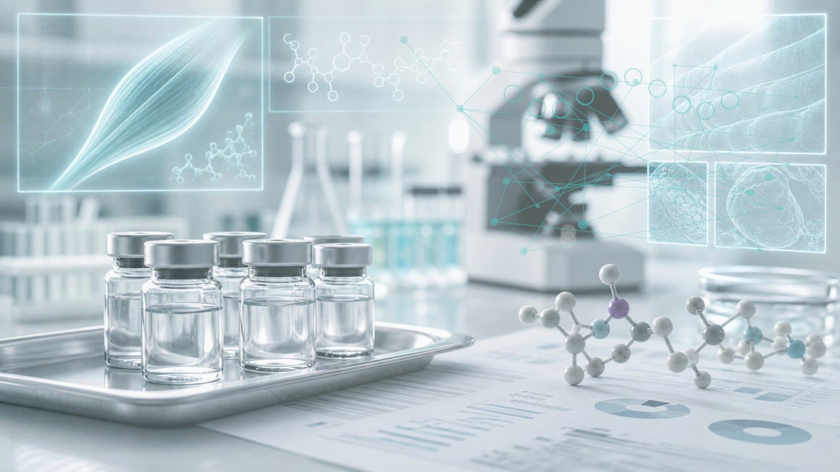 Clinical lab bench with unlabeled vial, growth factor chart and subtle peptide pathway overlay