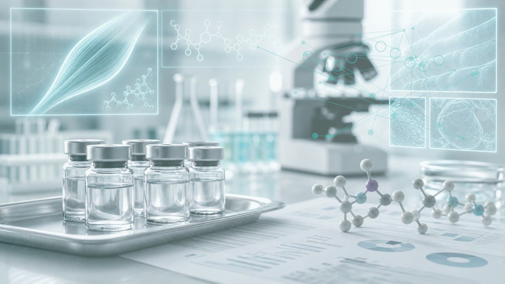Clinical lab bench with unlabeled vial, growth factor chart and subtle peptide pathway overlay