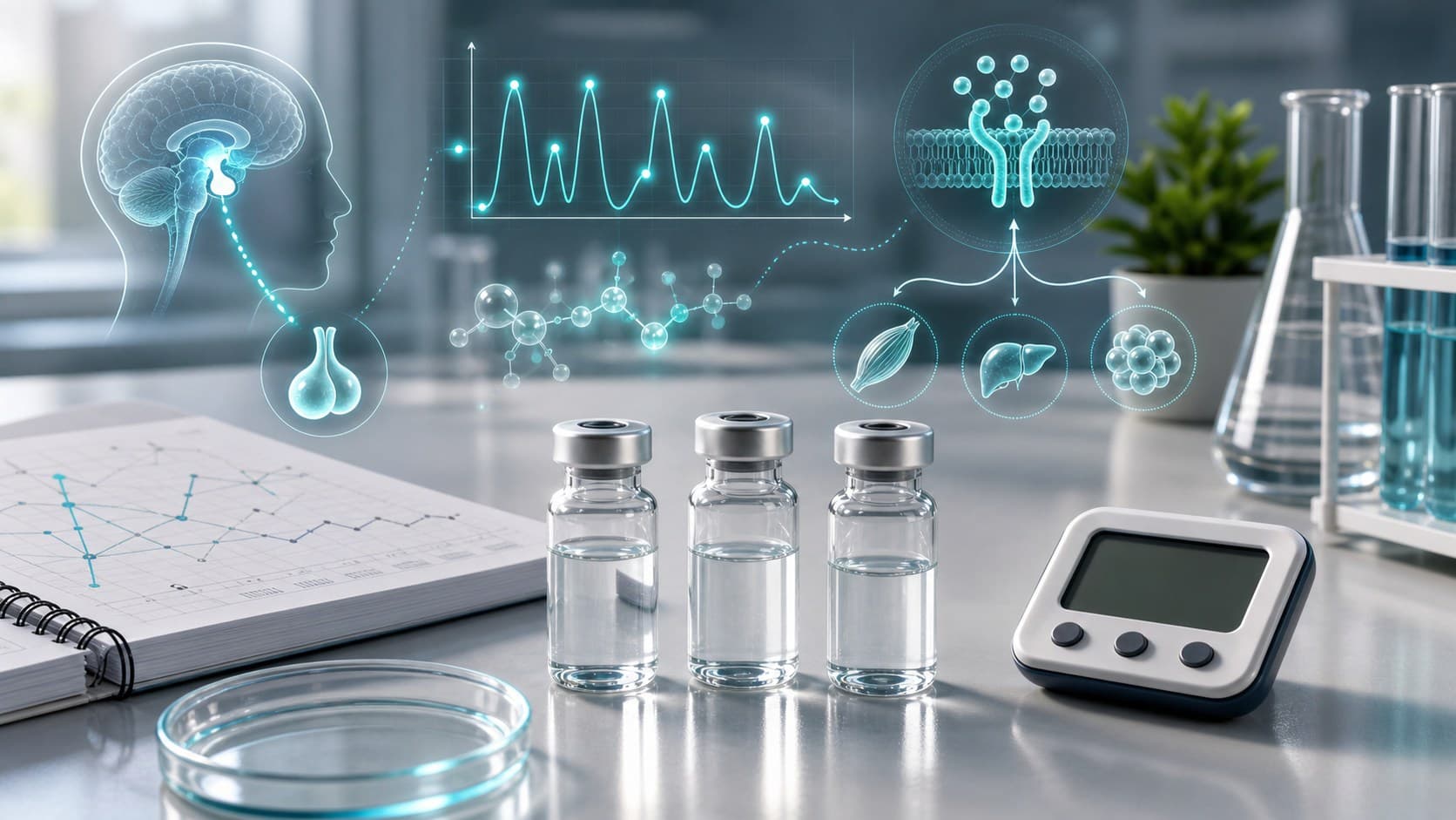 Clinical research desk with unlabeled vials, abstract GH pulse curves and pituitary signaling overlays