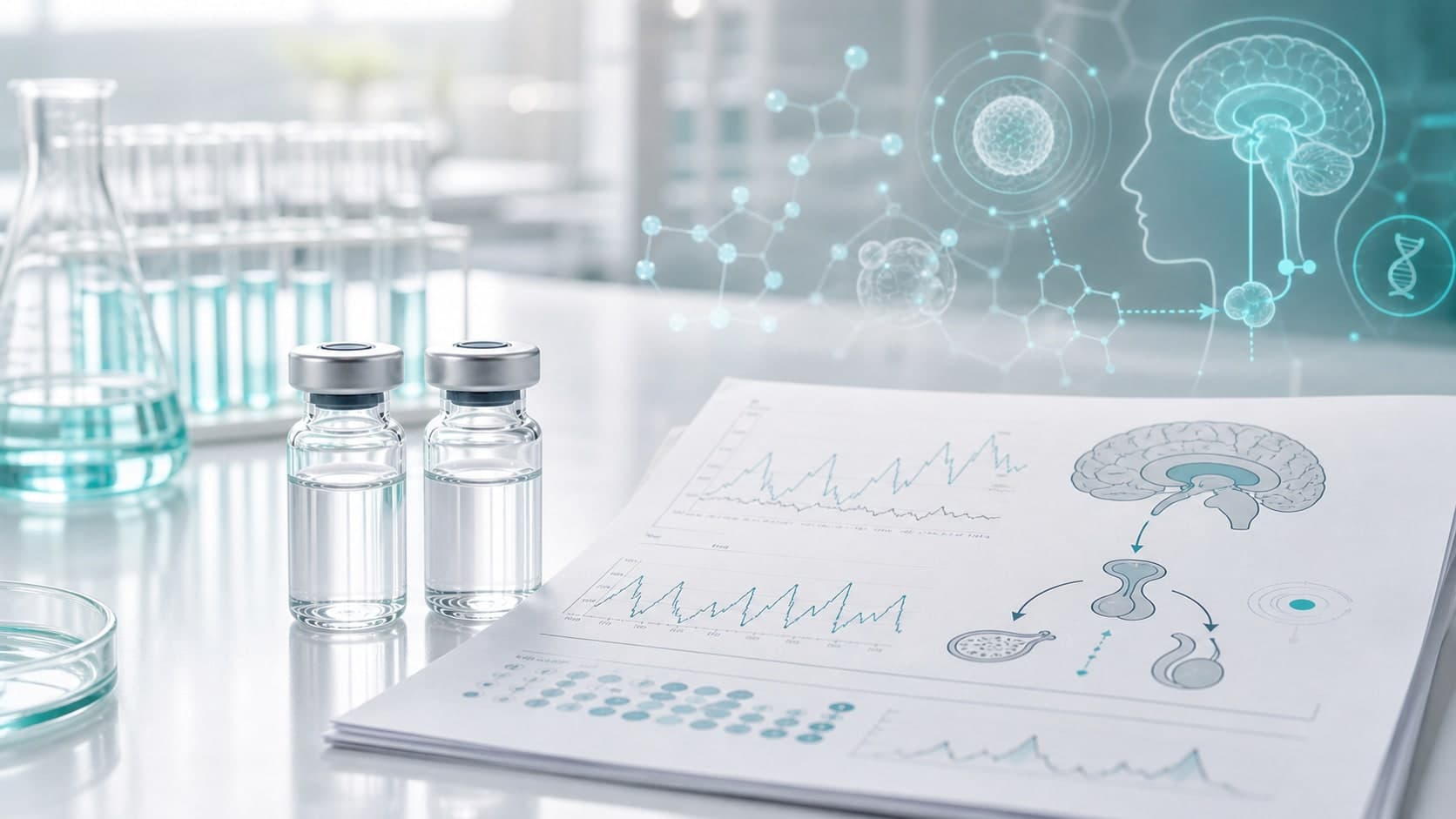Clinical research desk with unlabeled vials, reproductive hormone charts and subtle teal brain signaling overlays