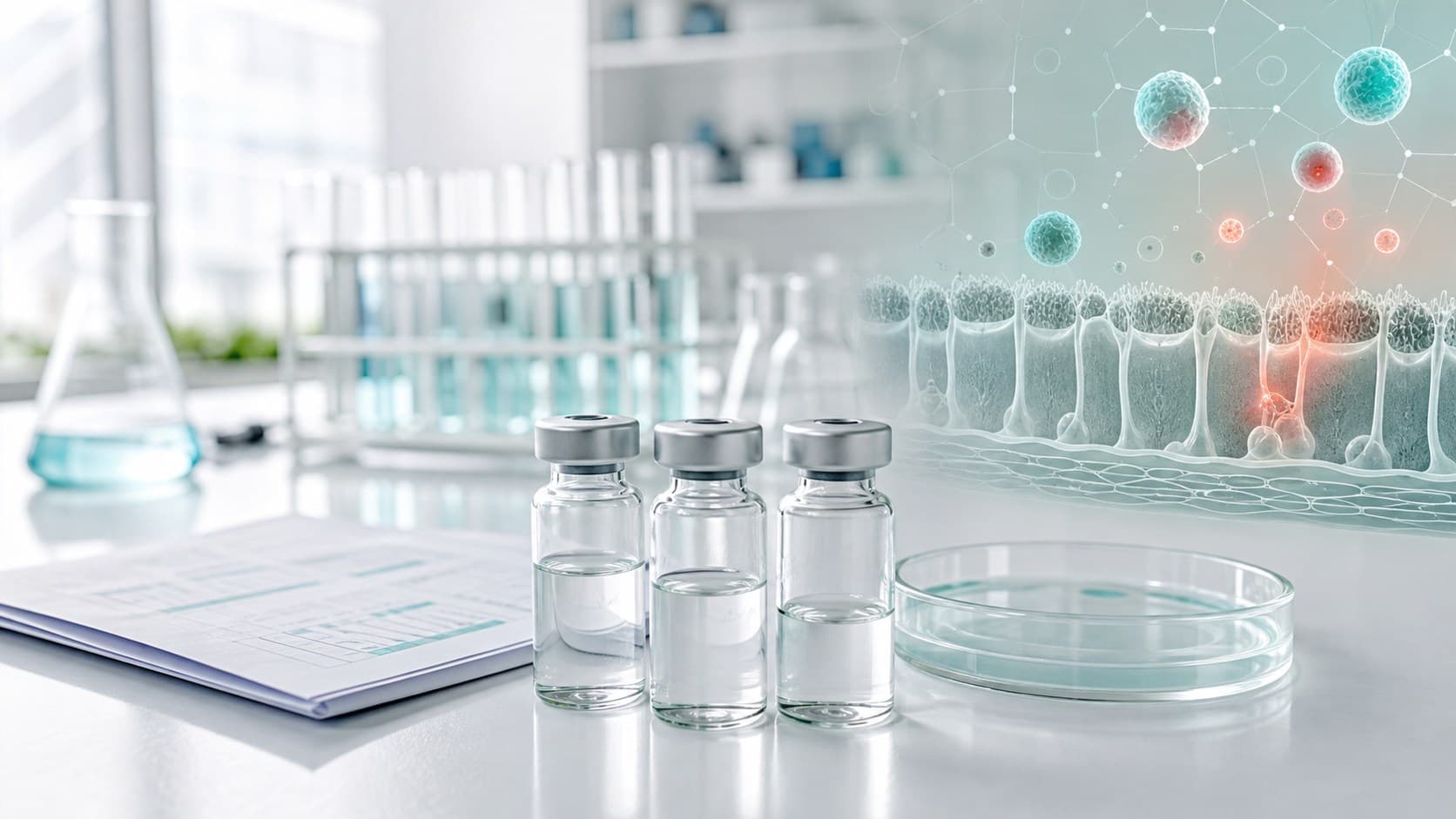Bright clinical research desk with unlabeled vials, petri dish, skin barrier notes and subtle inflammatory signaling overlay