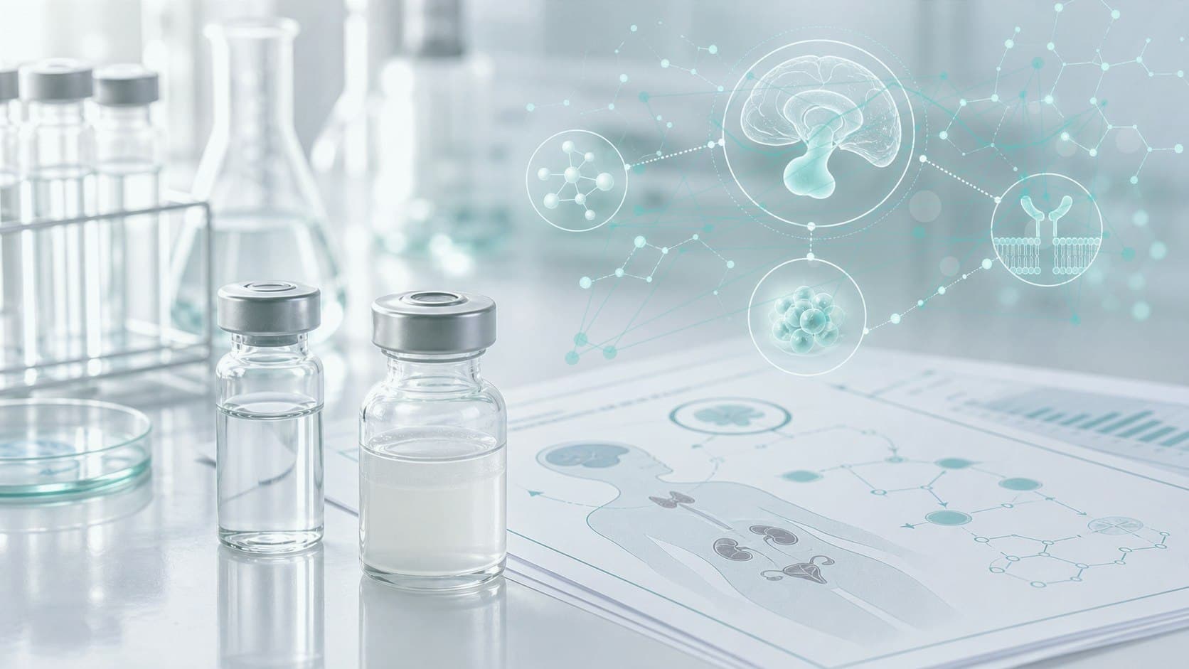 Clinical lab bench with unlabeled vial, endocrine marker sheet and subtle somatostatin receptor overlay