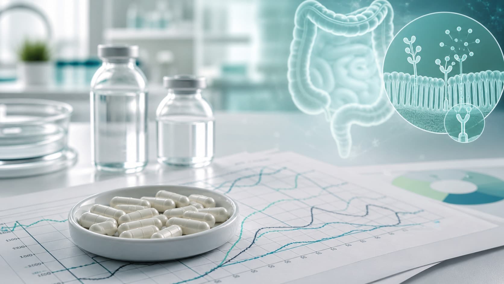 Clinical bench with unlabeled capsules, vials, GI chart sheets and a subtle intestinal receptor overlay
