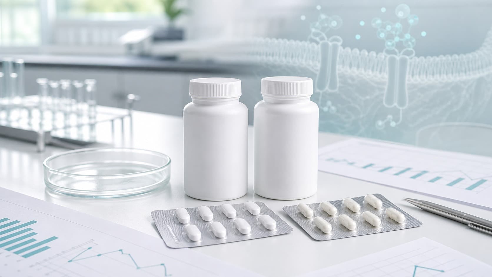Two unlabeled pill bottles and blister cards beside gut receptor charts on a bright clinical bench