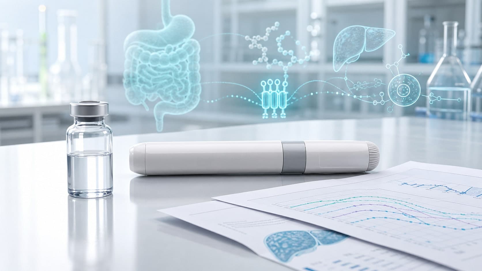 Clinical research desk with unlabeled vial, pen-like injector, metabolic chart sheets and liver and gut pathway overlays