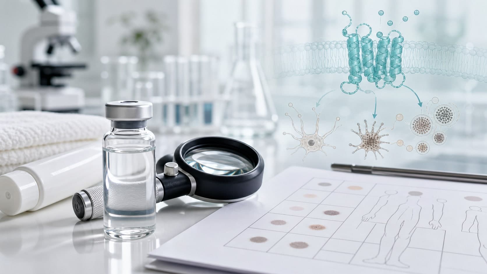 Clinical dermatology desk with unlabeled vial, dermoscopy lens, sunscreen tube and subtle melanocortin receptor overlay